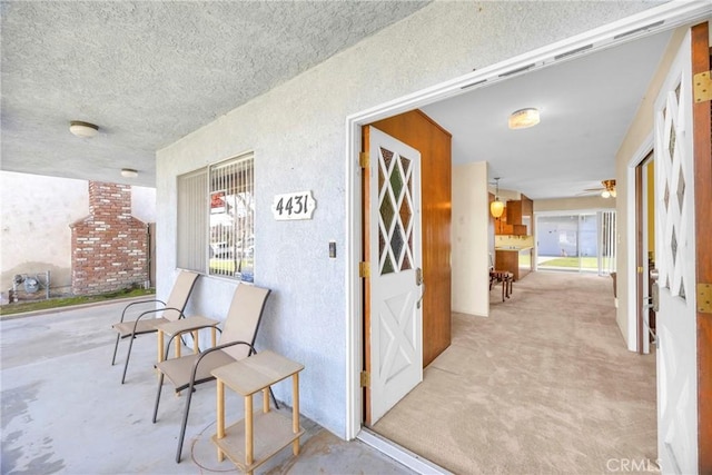 interior space featuring carpet floors, a textured wall, and a textured ceiling