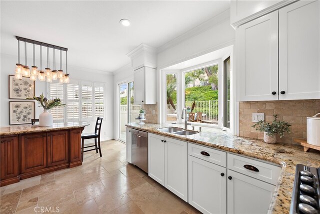 kitchen featuring a sink, backsplash, pendant lighting, dishwasher, and ornamental molding