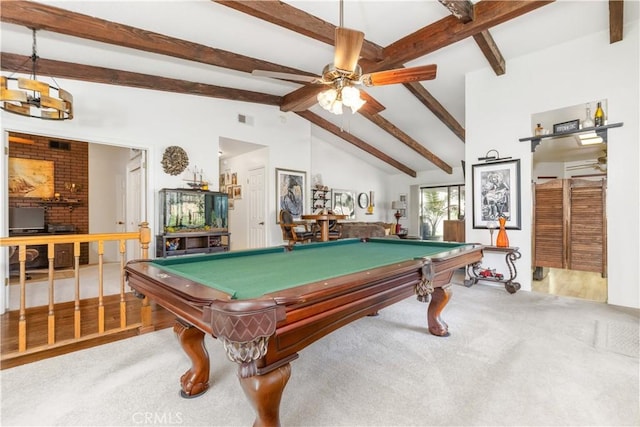 recreation room with billiards, visible vents, a ceiling fan, lofted ceiling with beams, and carpet flooring