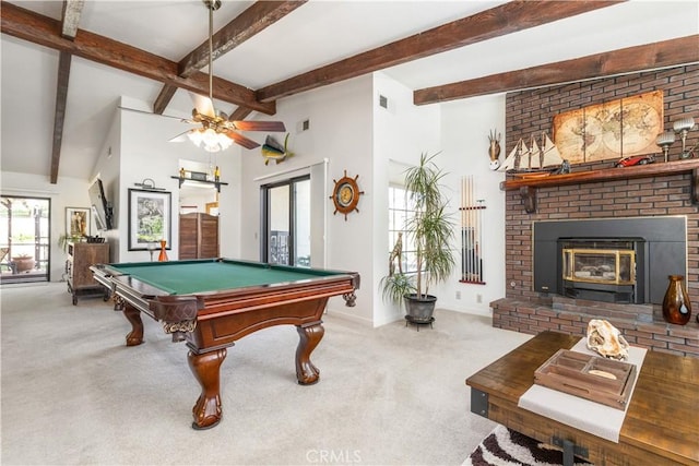 recreation room with visible vents, a fireplace, baseboards, and carpet flooring