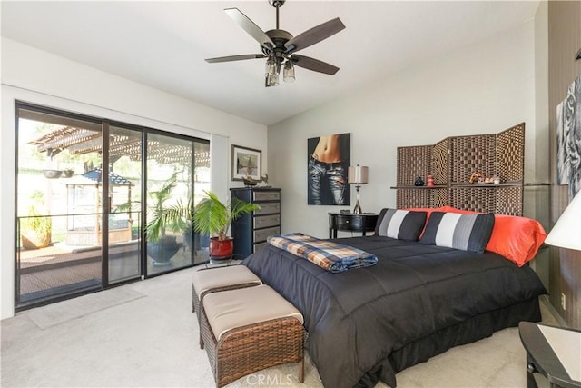 bedroom with access to exterior, carpet, lofted ceiling, and a ceiling fan