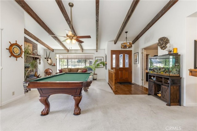 rec room featuring lofted ceiling with beams, billiards, carpet flooring, a ceiling fan, and baseboards