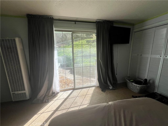 bedroom featuring access to outside, a closet, and a heating unit