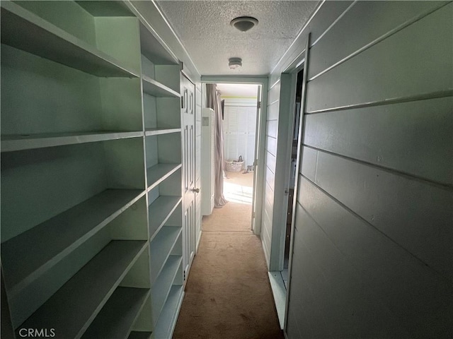 hall featuring carpet flooring and a textured ceiling