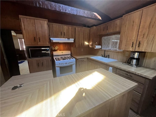 kitchen featuring under cabinet range hood, a sink, white range with gas cooktop, light countertops, and built in microwave