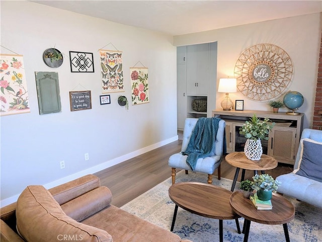 living area featuring wood finished floors and baseboards