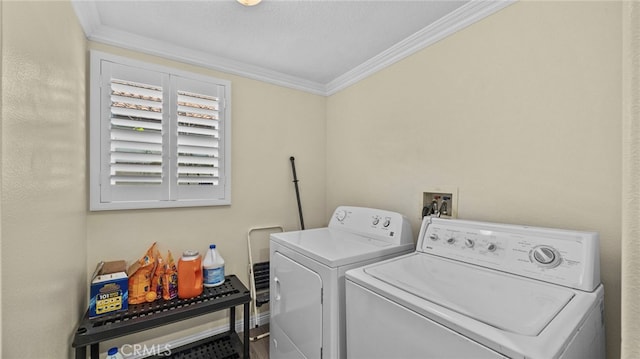 laundry area with laundry area, independent washer and dryer, and crown molding