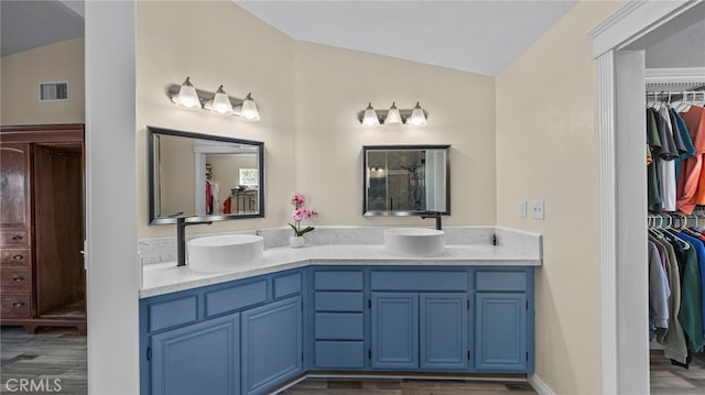 bathroom featuring a spacious closet, visible vents, a sink, and wood finished floors