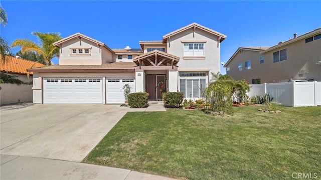 view of front of house featuring stucco siding, roof mounted solar panels, fence, driveway, and a front lawn