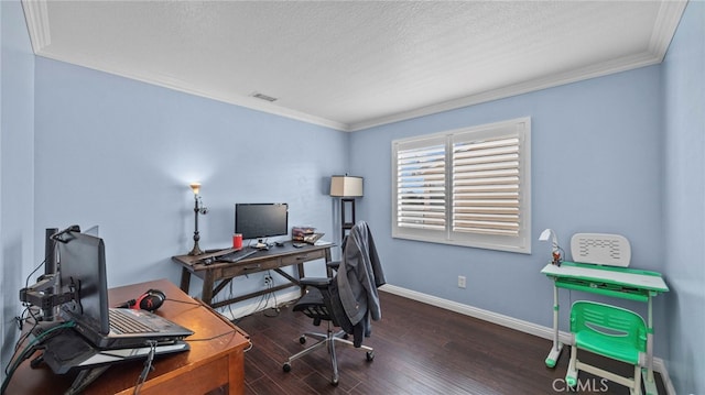 office with a textured ceiling, wood finished floors, visible vents, baseboards, and ornamental molding