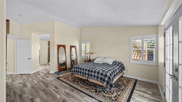 bedroom with lofted ceiling, multiple windows, baseboards, and wood finished floors