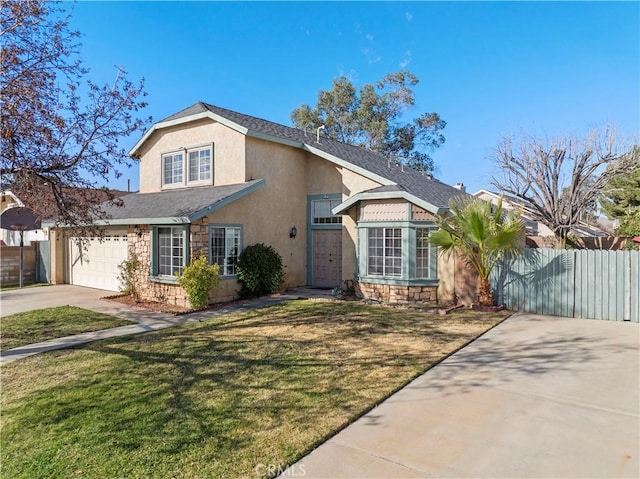 traditional-style house featuring fence, stone siding, driveway, stucco siding, and a front lawn