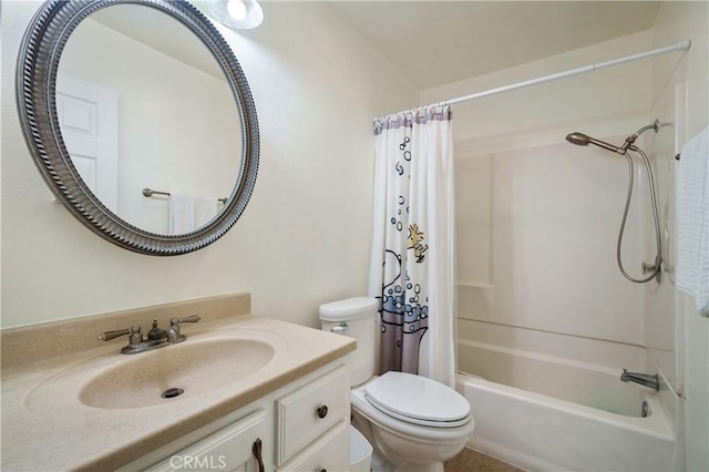 bathroom with toilet, shower / tub combo with curtain, and vanity