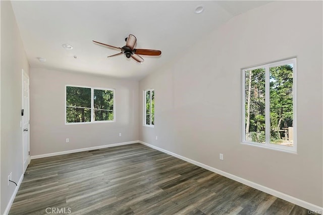 23511 Lake Dr, Crestline, CA 92325 - empty room featuring vaulted ceiling, baseboards, ceiling fan, and dark wood-style floors