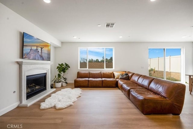 living room with wood finished floors, a wealth of natural light, a glass covered fireplace, and visible vents