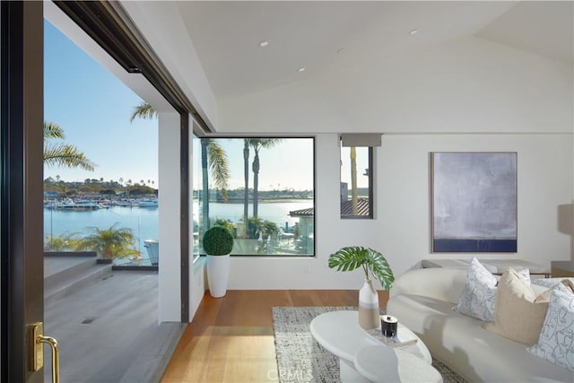 living area with lofted ceiling, wood finished floors, and a water view