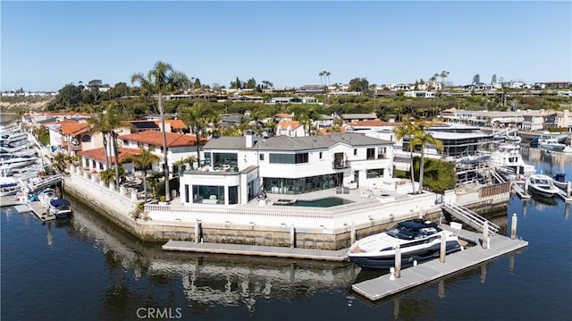 dock area with a balcony and a water view