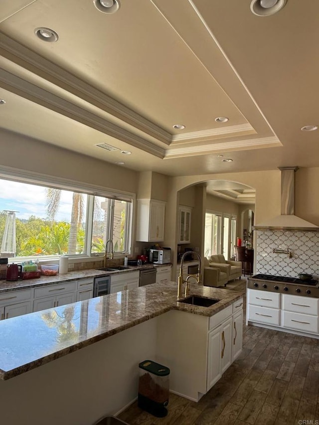 kitchen featuring stainless steel appliances, a tray ceiling, and a sink