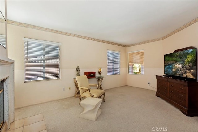 sitting room featuring a glass covered fireplace and carpet flooring