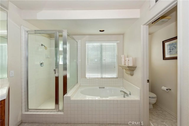 full bathroom with a stall shower, visible vents, toilet, a garden tub, and vanity