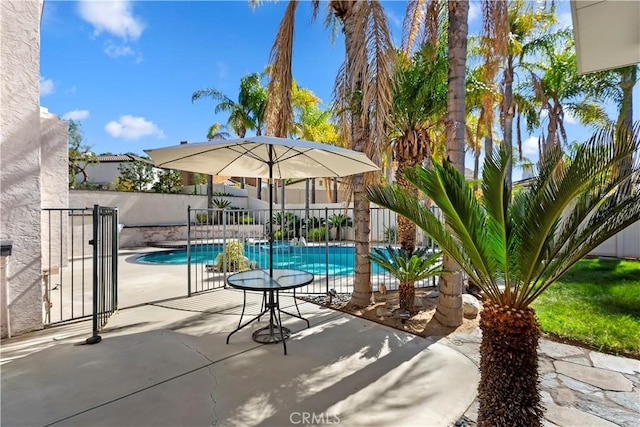 view of swimming pool featuring a fenced in pool, a patio, and fence