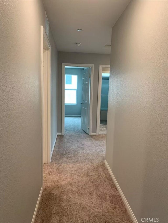 hallway with carpet floors, visible vents, baseboards, and a textured wall