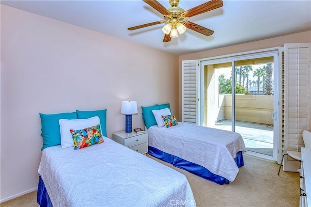 bedroom featuring access to exterior, light carpet, ceiling fan, and baseboards