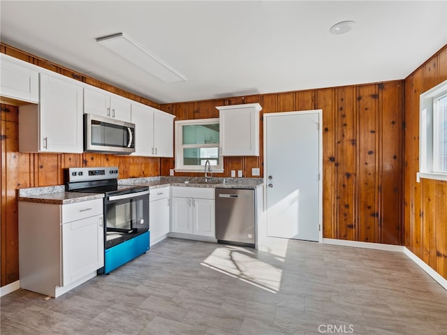 kitchen with plenty of natural light, wooden walls, stainless steel appliances, and a sink