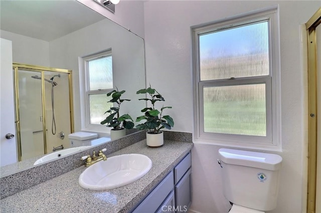 full bath featuring a shower with shower door, vanity, and toilet