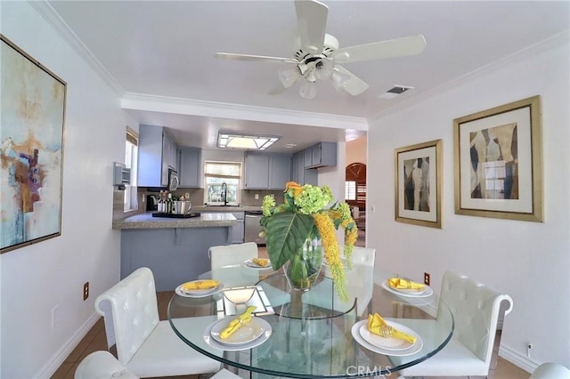 dining area with ceiling fan, ornamental molding, visible vents, and baseboards