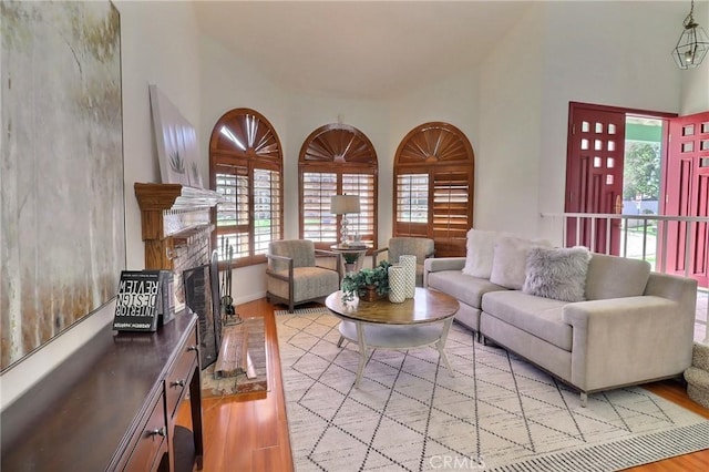 living area featuring light wood finished floors and a fireplace