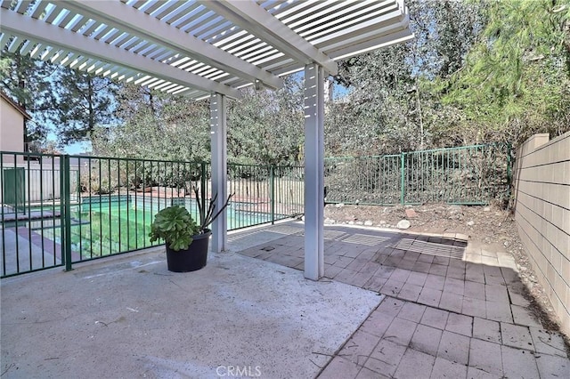 view of patio featuring a fenced backyard, a fenced in pool, and a pergola