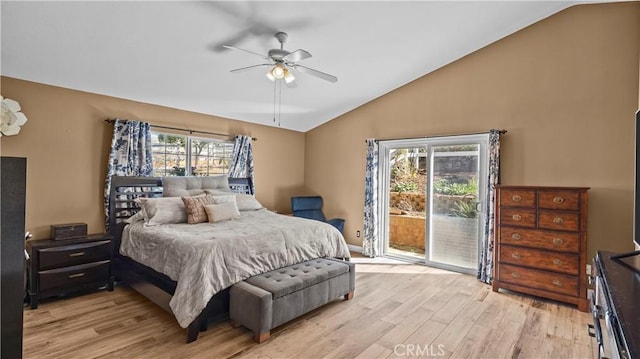 bedroom featuring lofted ceiling, light wood-style floors, ceiling fan, and access to outside