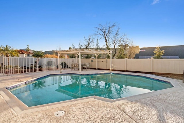 view of pool featuring a fenced backyard, a fenced in pool, a pergola, and a patio