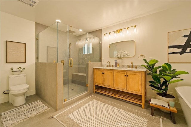 full bathroom with visible vents, a shower stall, toilet, tile patterned floors, and a sink