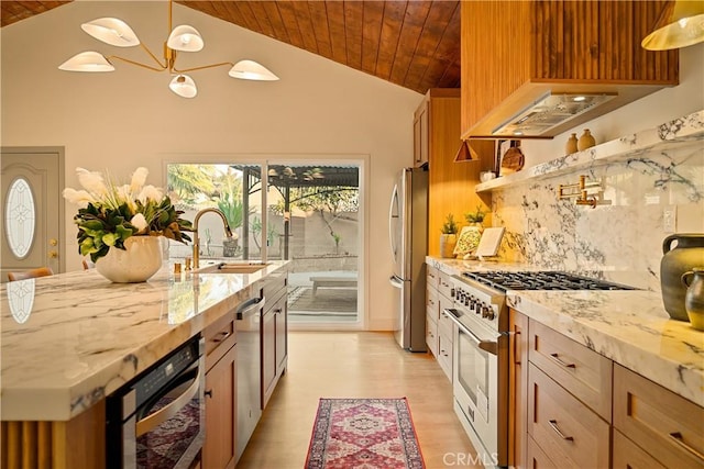 kitchen with light stone counters, lofted ceiling, a sink, stainless steel appliances, and wooden ceiling