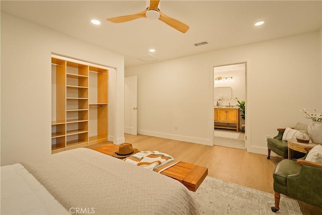 bedroom featuring visible vents, baseboards, recessed lighting, wood finished floors, and a ceiling fan