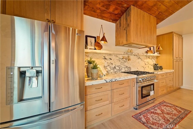 kitchen with stainless steel appliances, tasteful backsplash, wooden ceiling, and light brown cabinetry