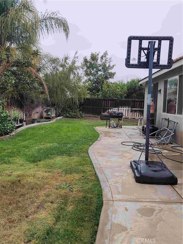 view of yard with a fenced backyard and a patio