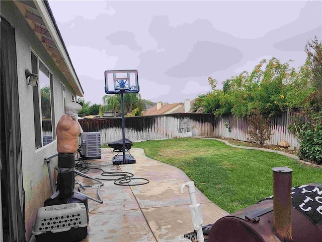 view of yard with a fenced backyard, cooling unit, and a patio