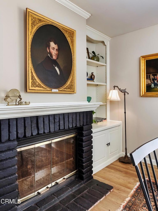 room details featuring a fireplace and wood finished floors