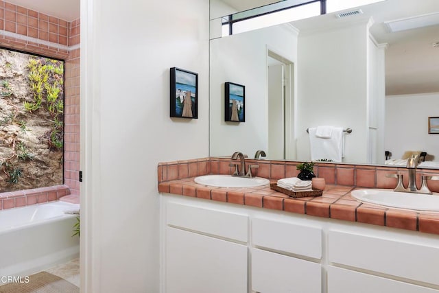 1868 Kaweah Dr, Pasadena, CA 91105 - full bath featuring double vanity, crown molding, a bath, and tile patterned floors