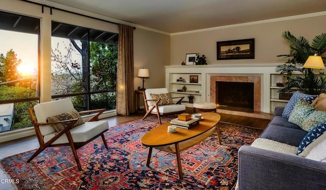 1868 Kaweah Dr, Pasadena, CA 91105 - living room with ornamental molding, a fireplace, and wood finished floors