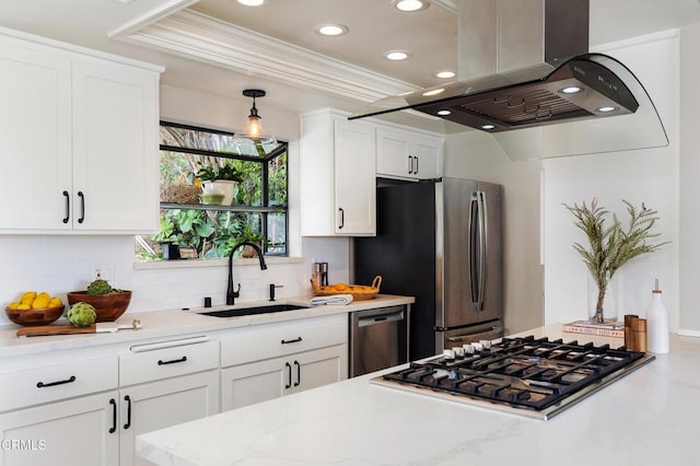 1868 Kaweah Dr, Pasadena, CA 91105 - kitchen featuring island range hood, appliances with stainless steel finishes, backsplash, recessed lighting, and white cabinets
