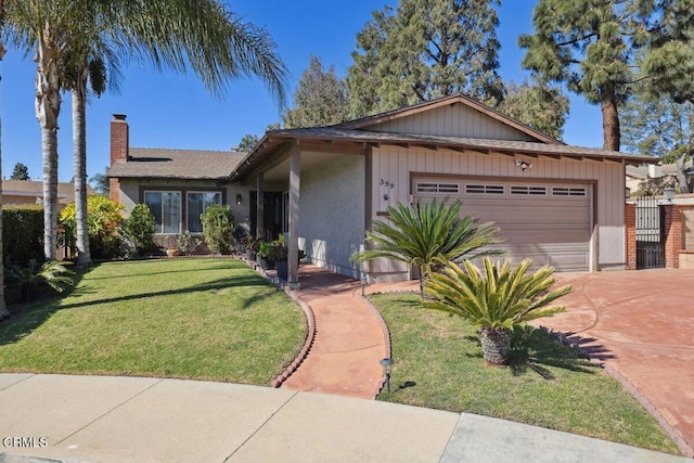 ranch-style home with an attached garage, a chimney, concrete driveway, and a front yard