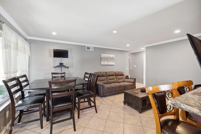 living room with ornamental molding, recessed lighting, visible vents, and light tile patterned floors