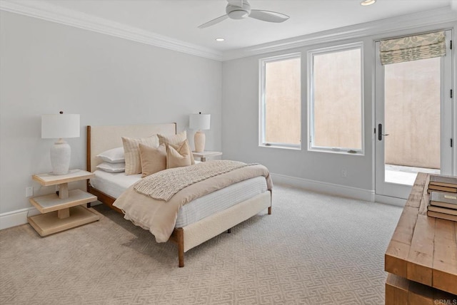 bedroom featuring a ceiling fan, recessed lighting, crown molding, and baseboards