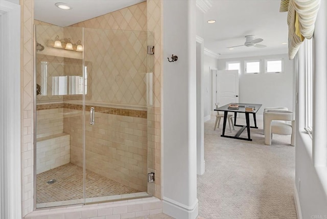 bathroom featuring a stall shower, baseboards, a ceiling fan, and recessed lighting