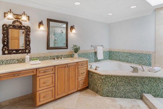 full bath featuring crown molding, recessed lighting, vanity, a bath, and walk in shower