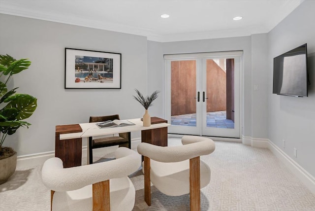 office area with crown molding, french doors, recessed lighting, and baseboards